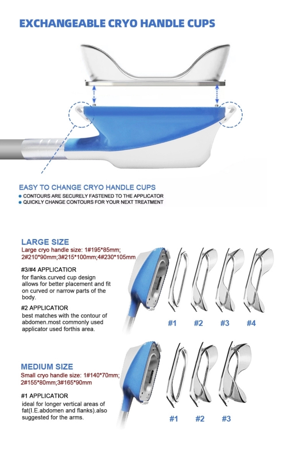 Interchangeable cryo handle cup sizes for model BYL27C